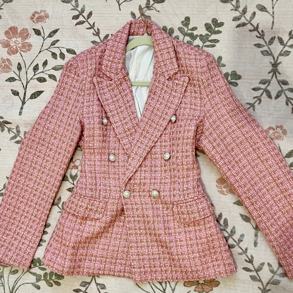 Women's Pink Tweed Double-Breasted Blazer